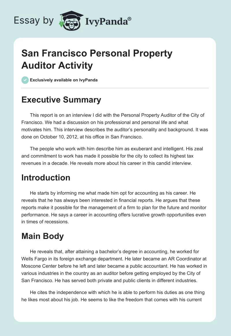 San Francisco Personal Property Auditor Activity. Page 1