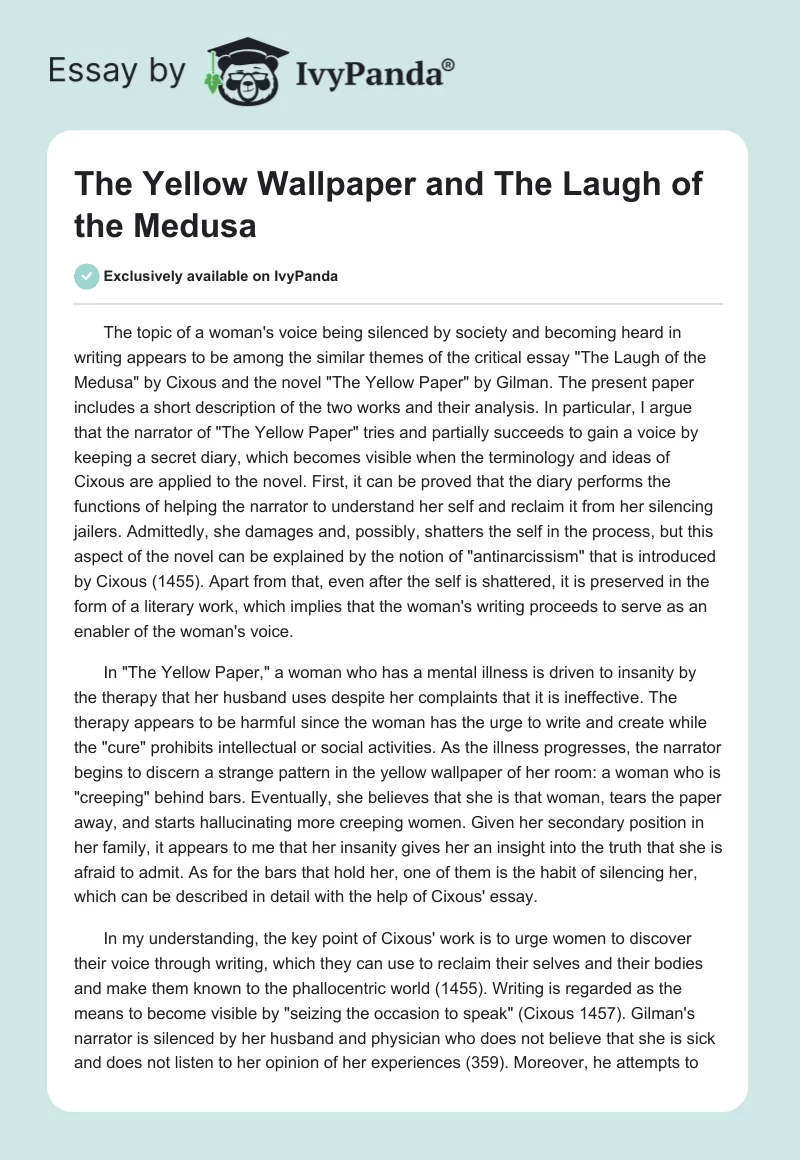 "The Yellow Wallpaper" and The Laugh of the Medusa. Page 1