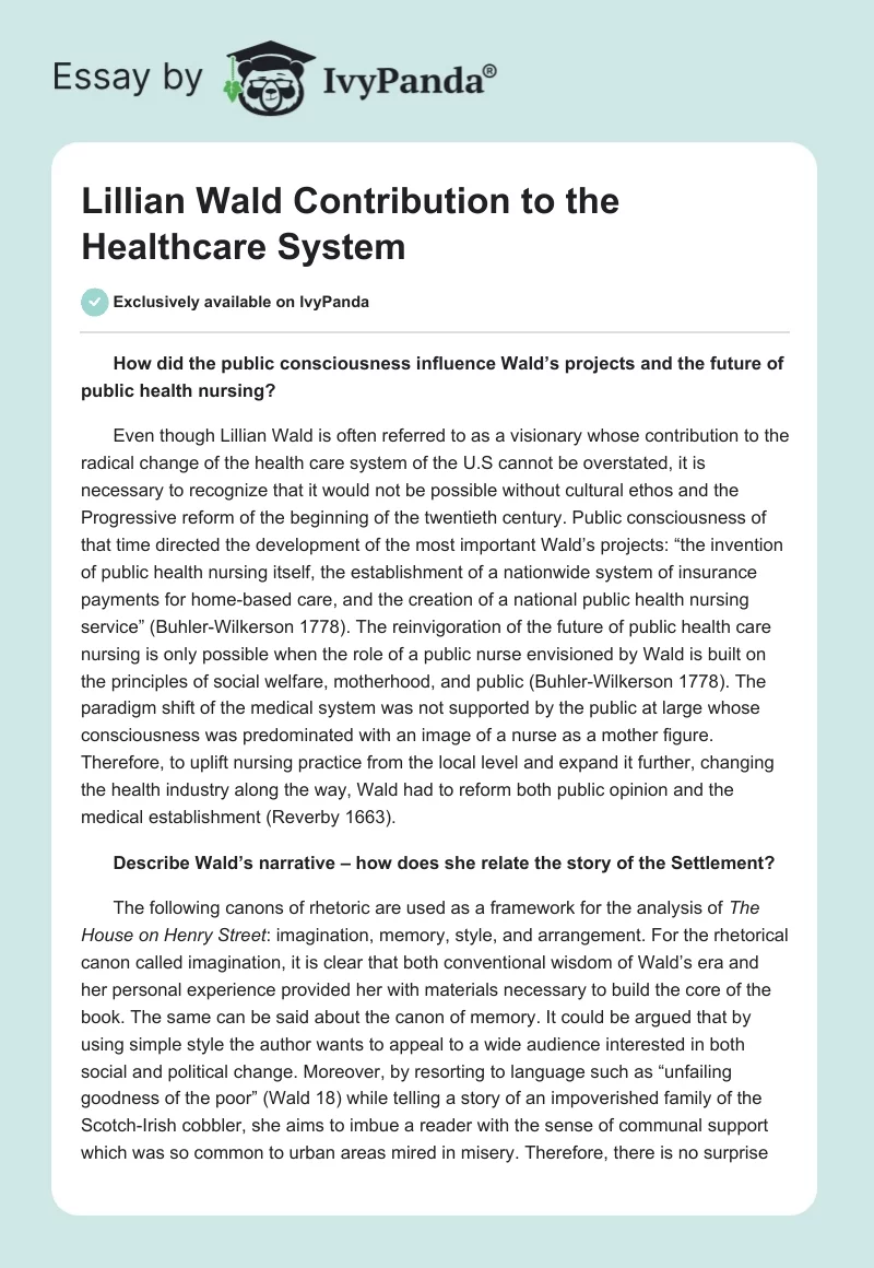 Lillian Wald Contribution to the Healthcare System. Page 1
