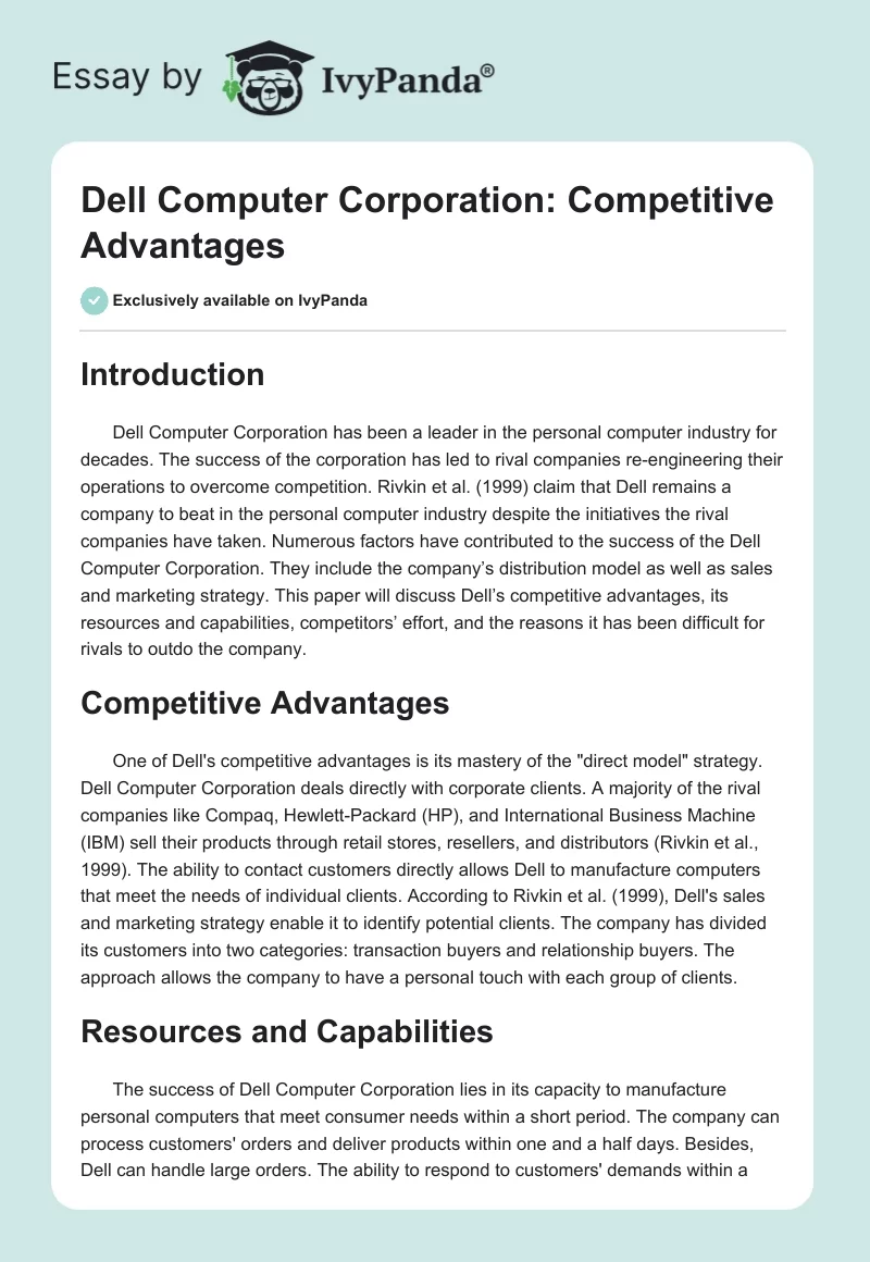 Dell Computer Corporation: Competitive Advantages. Page 1