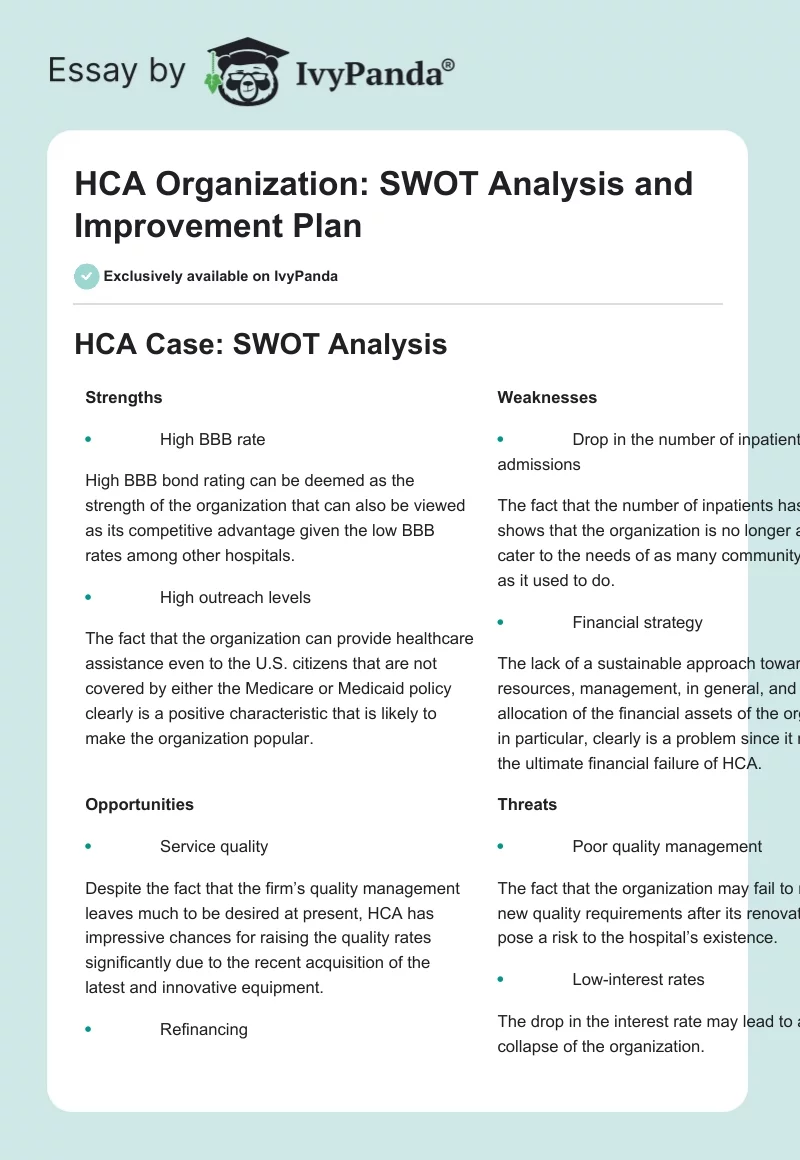HCA Organization: SWOT Analysis and Improvement Plan. Page 1