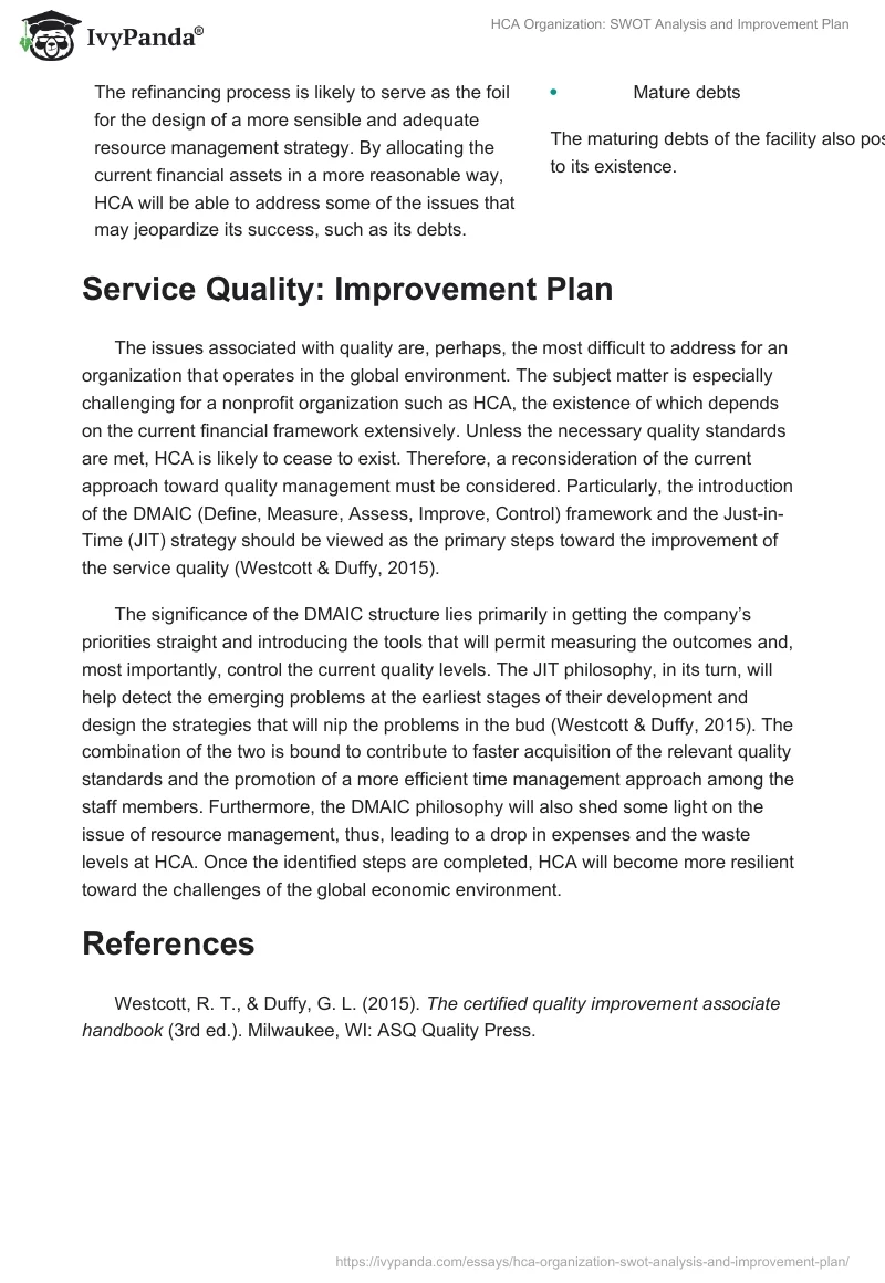 HCA Organization: SWOT Analysis and Improvement Plan. Page 2