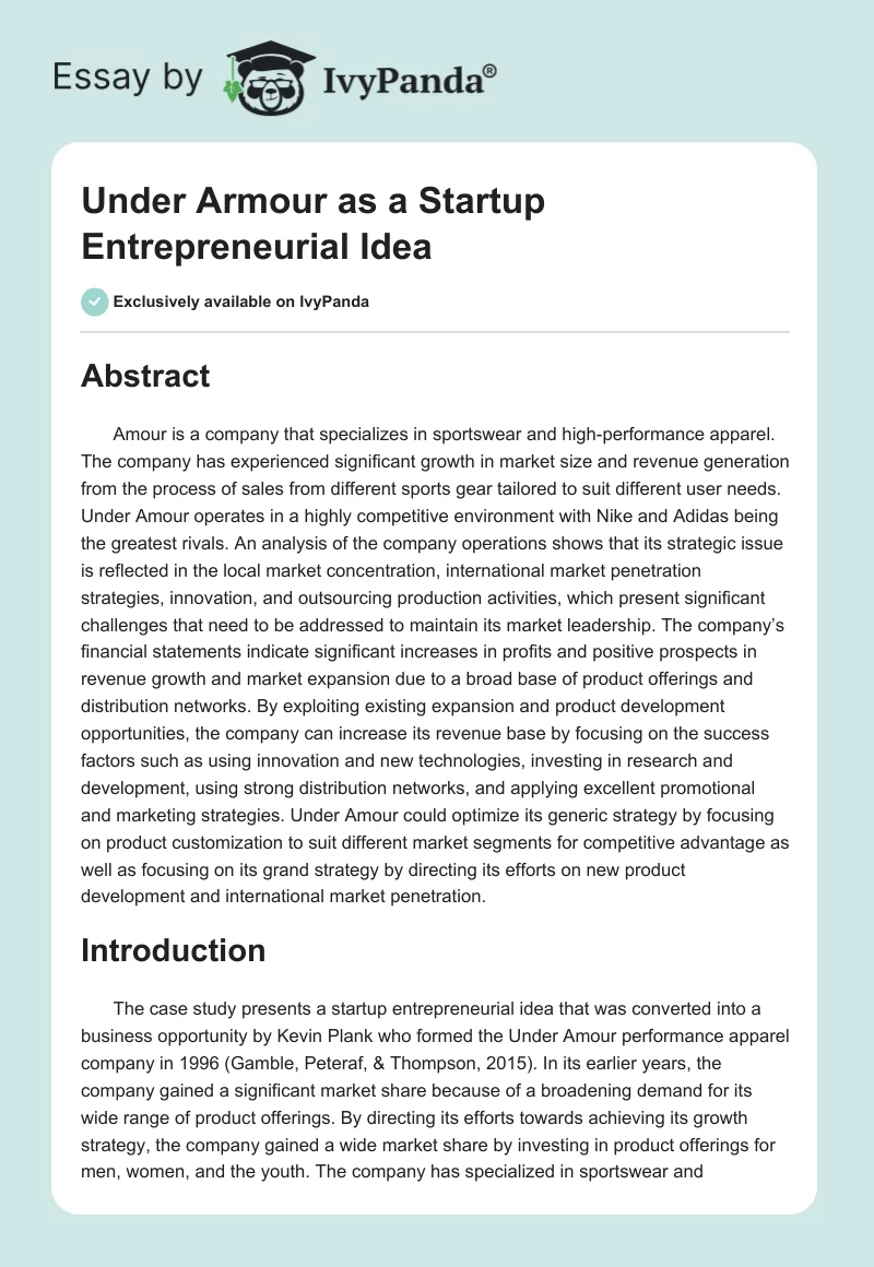 Under Armour as a Startup Entrepreneurial Idea. Page 1