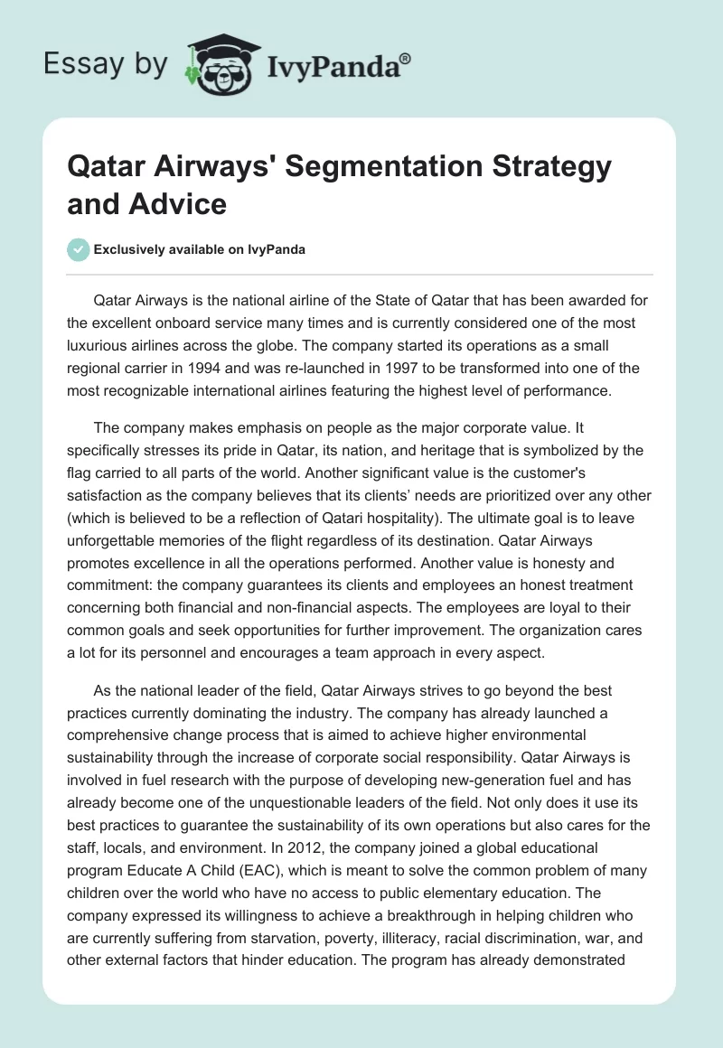 Qatar Airways' Segmentation Strategy and Advice. Page 1