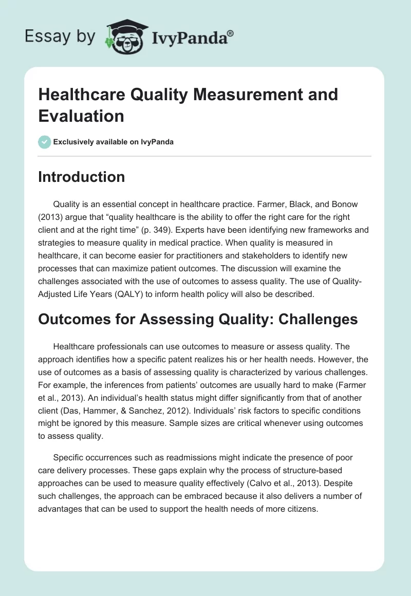 Healthcare Quality Measurement and Evaluation. Page 1