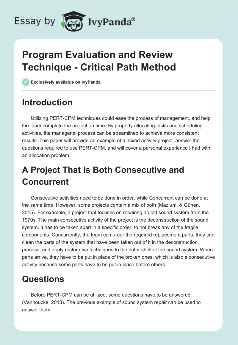 Program Evaluation and Review Technique - Critical Path Method. Page 1