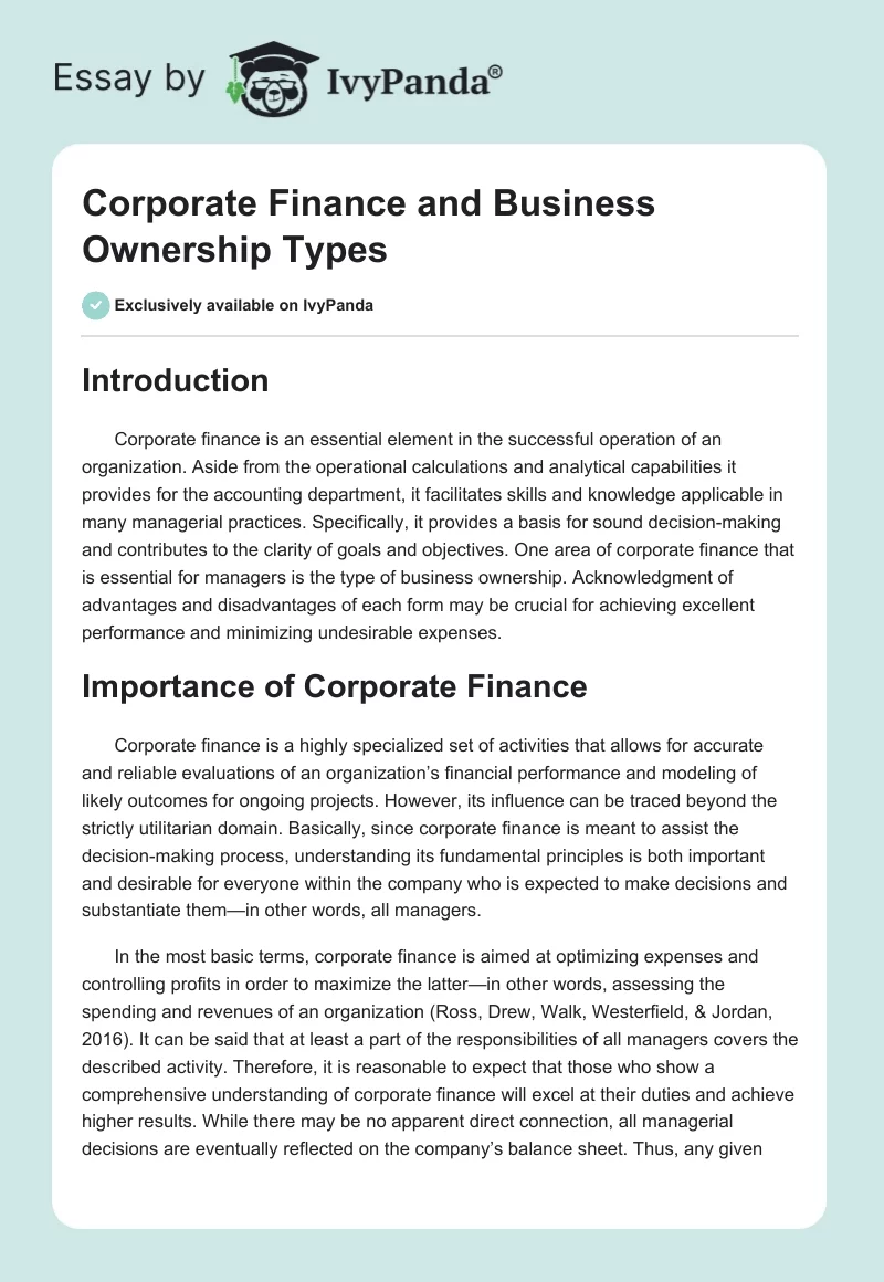 Corporate Finance and Business Ownership Types. Page 1