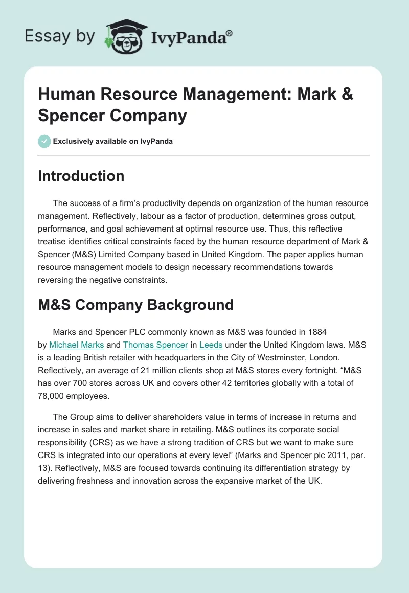 Human Resource Management: Mark & Spencer Company. Page 1