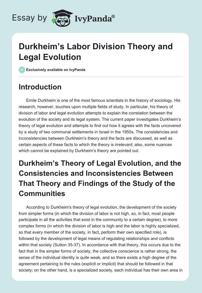 Durkheim’s Labor Division Theory and Legal Evolution. Page 1