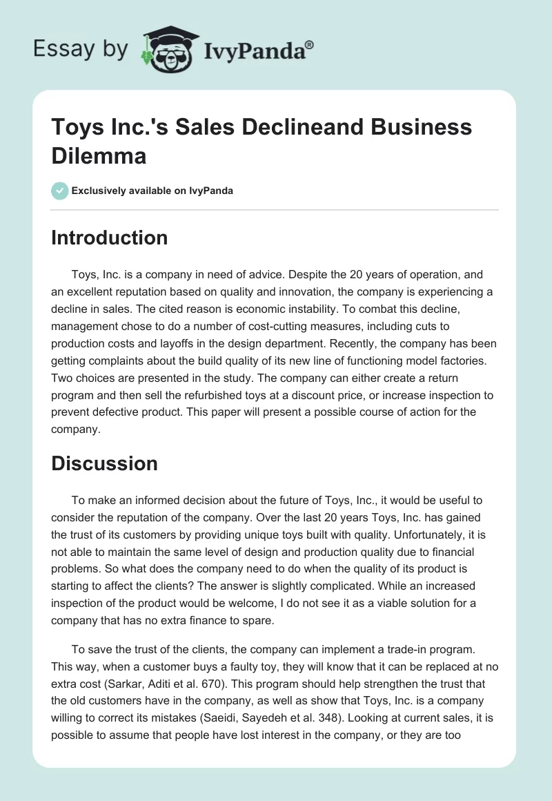 Toys Inc.'s Sales Declineand Business Dilemma. Page 1