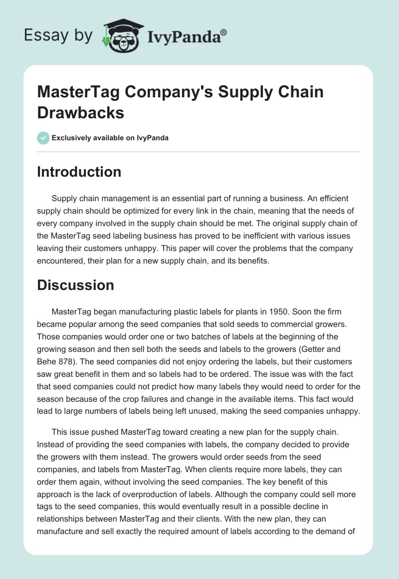 MasterTag Company's Supply Chain Drawbacks. Page 1