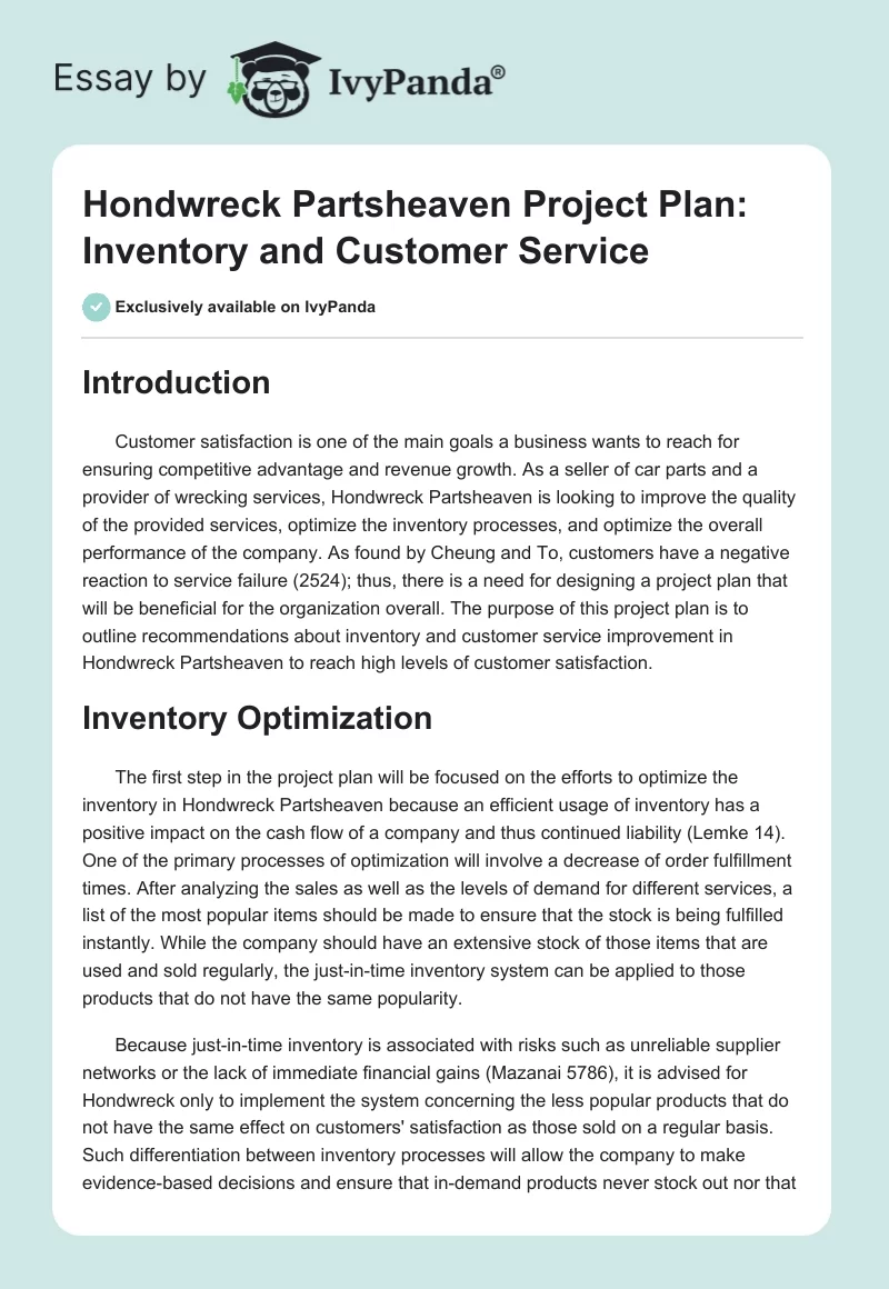Hondwreck Partsheaven Project Plan: Inventory and Customer Service. Page 1