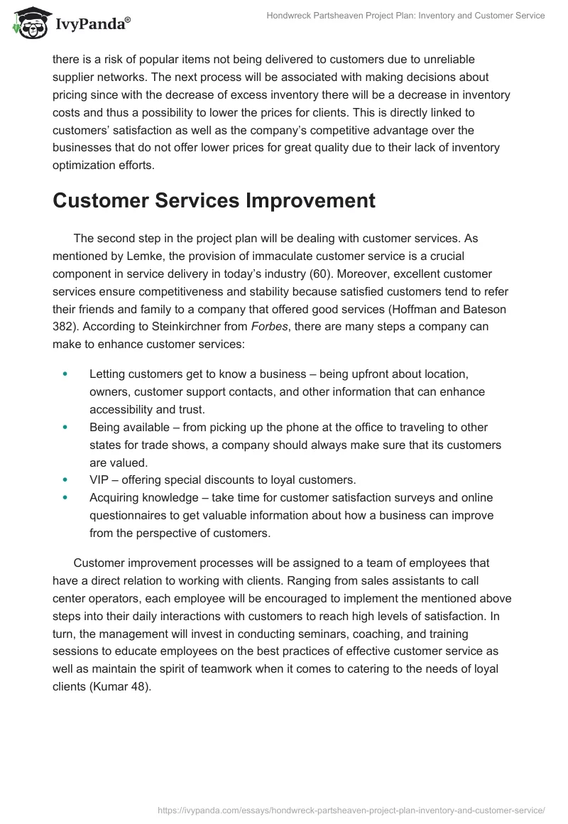 Hondwreck Partsheaven Project Plan: Inventory and Customer Service. Page 2