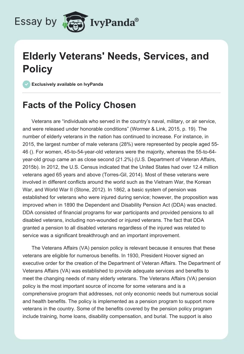 Elderly Veterans' Needs, Services, and Policy. Page 1