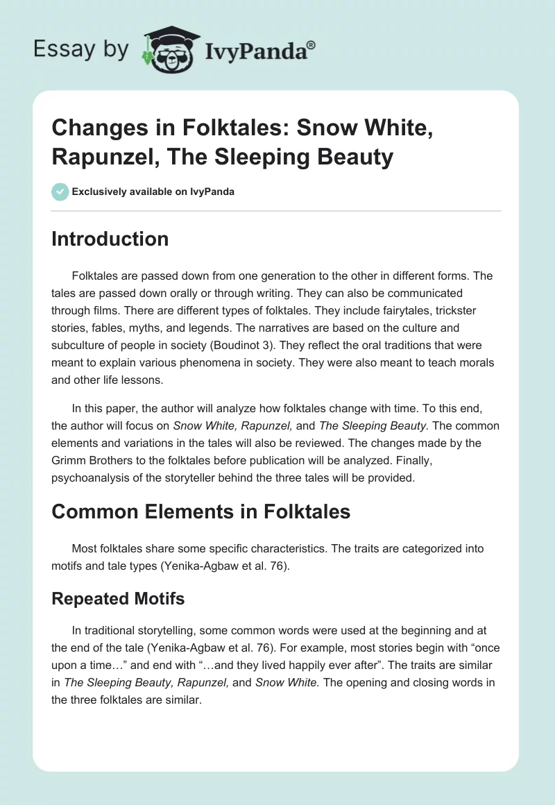Changes in Folktales: "Snow White", "Rapunzel", "The Sleeping Beauty". Page 1