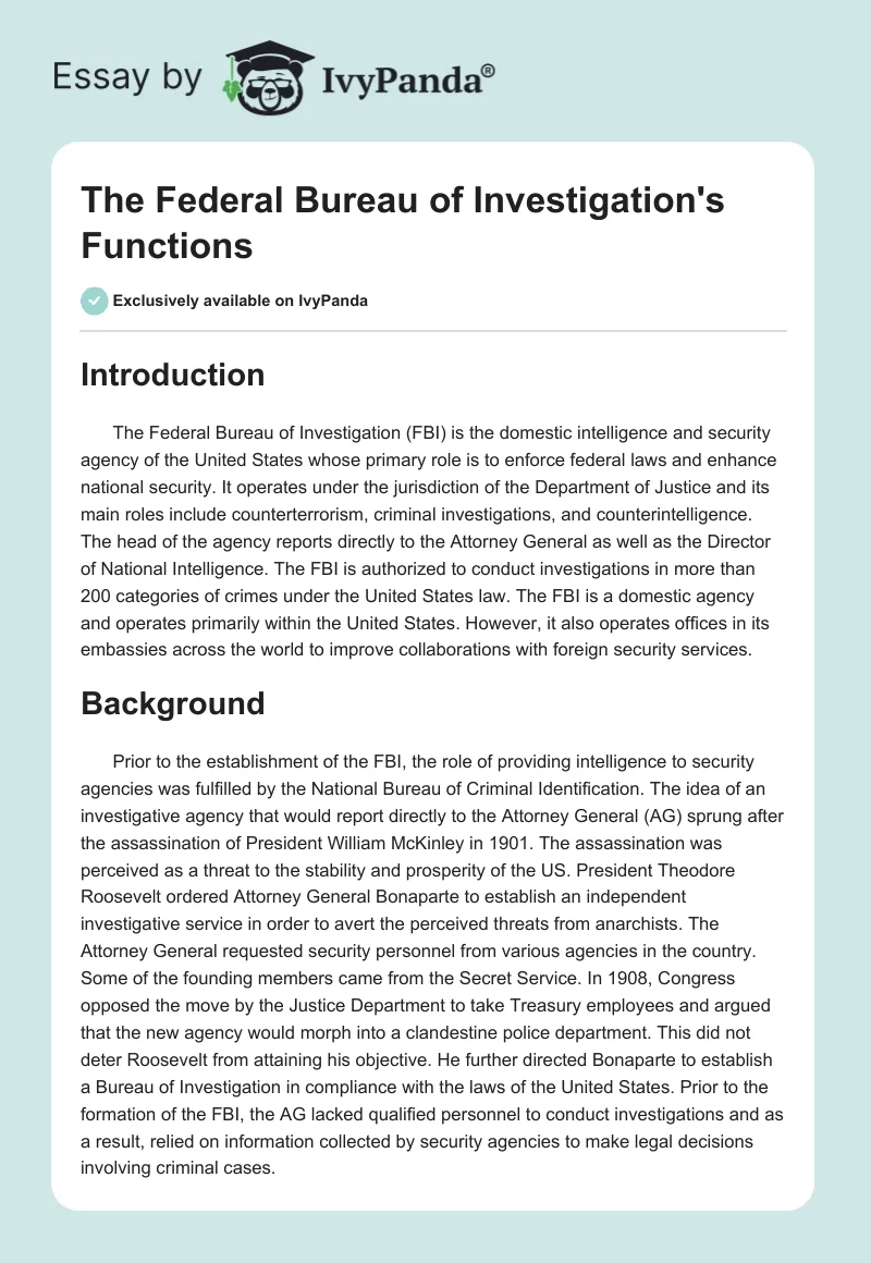 The Federal Bureau of Investigation's Functions. Page 1