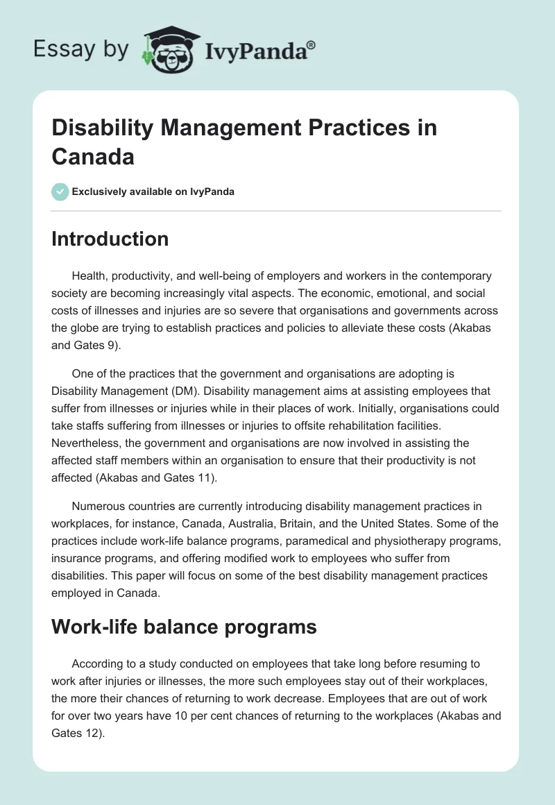 Disability Management Practices in Canada. Page 1