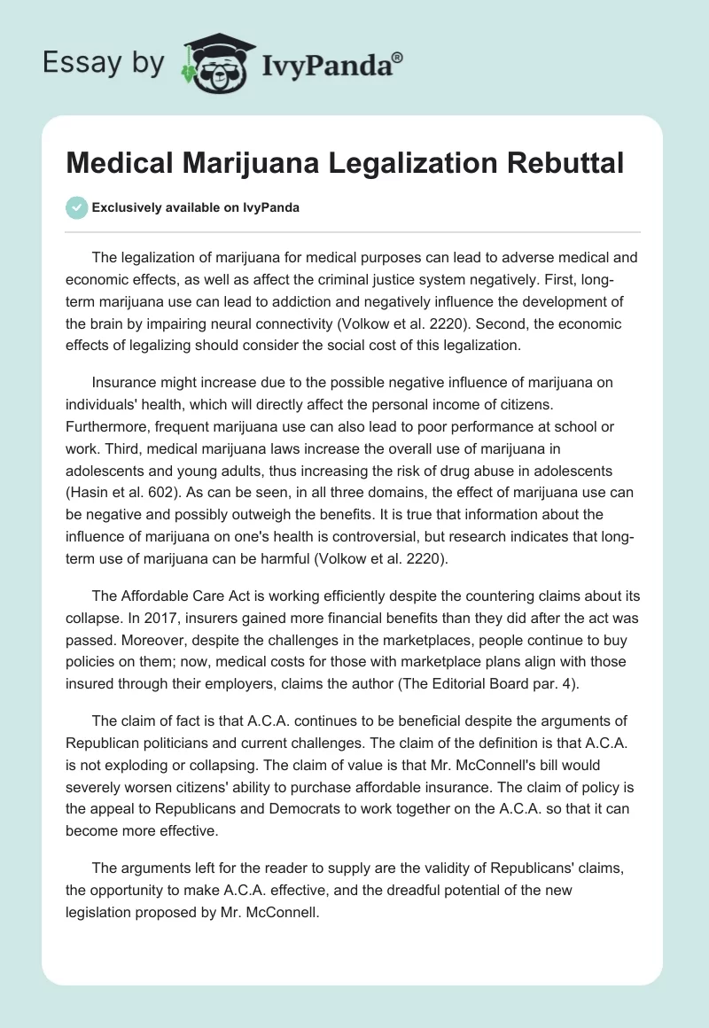 Medical Marijuana Legalization Rebuttal. Page 1