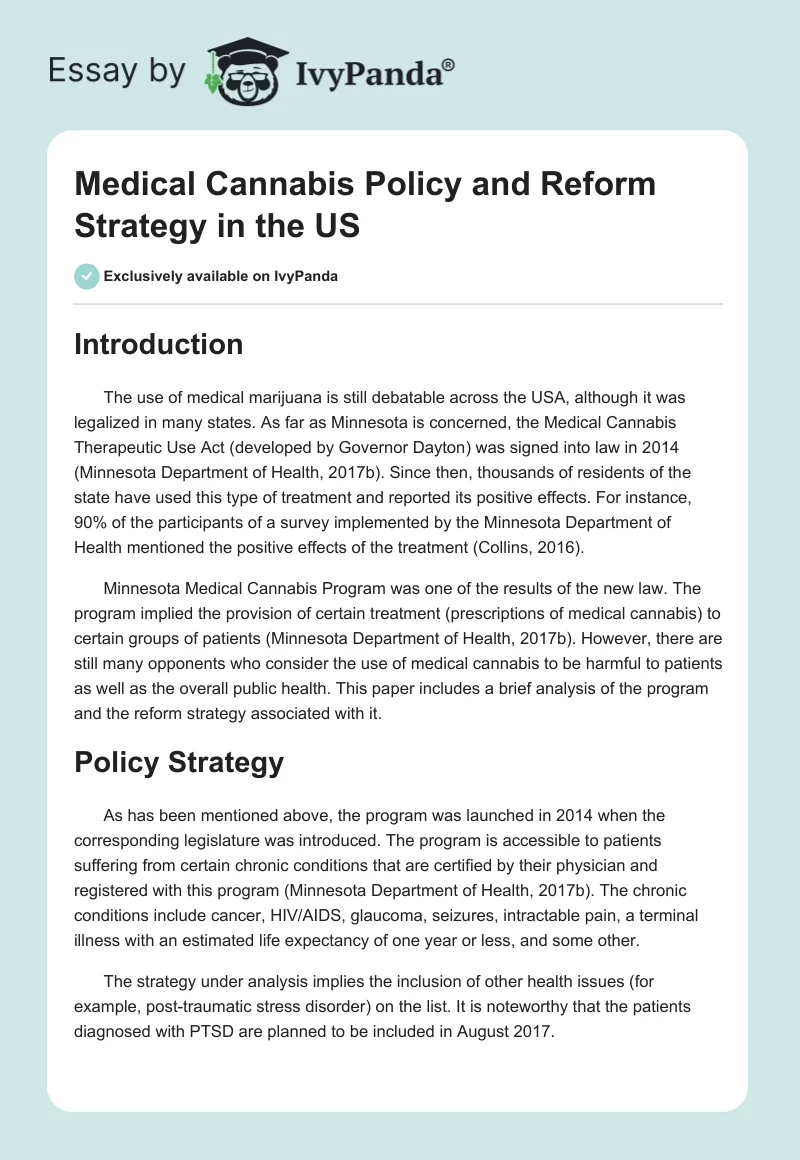 Medical Cannabis Policy and Reform Strategy in the US. Page 1
