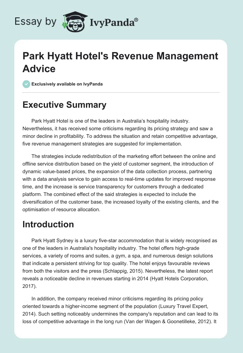 Park Hyatt Hotel's Revenue Management Advice. Page 1
