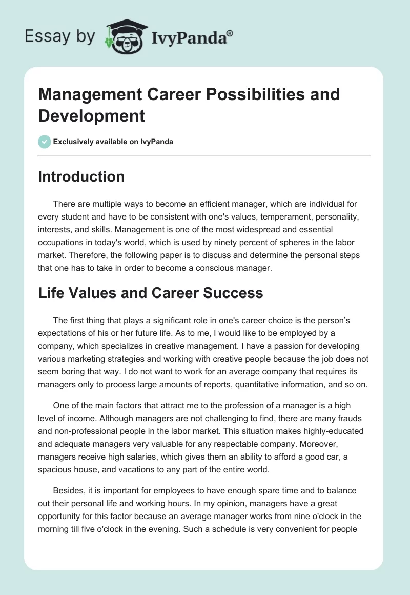 Management Career Possibilities and Development. Page 1