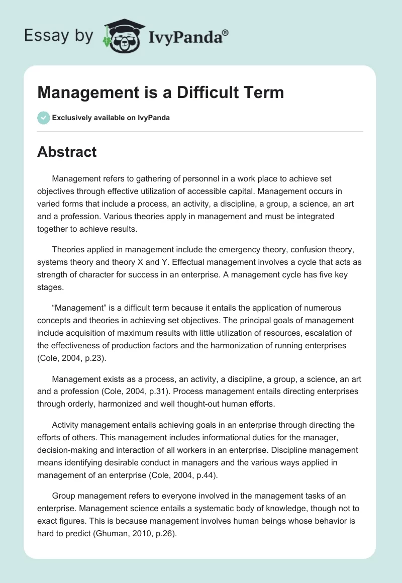Management is a Difficult Term. Page 1