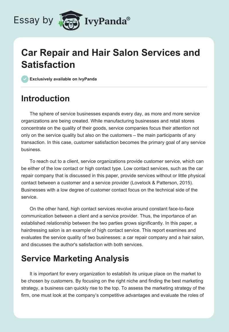 Car Repair and Hair Salon Services and Satisfaction. Page 1