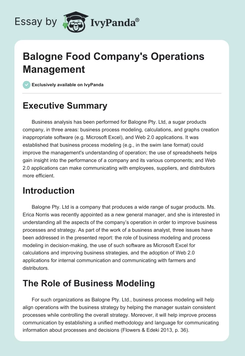 Balogne Food Company's Operations Management. Page 1