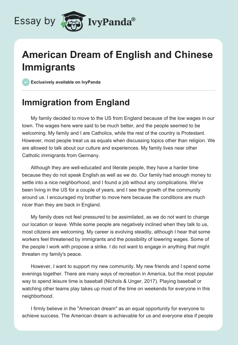 "American Dream" of English and Chinese Immigrants. Page 1