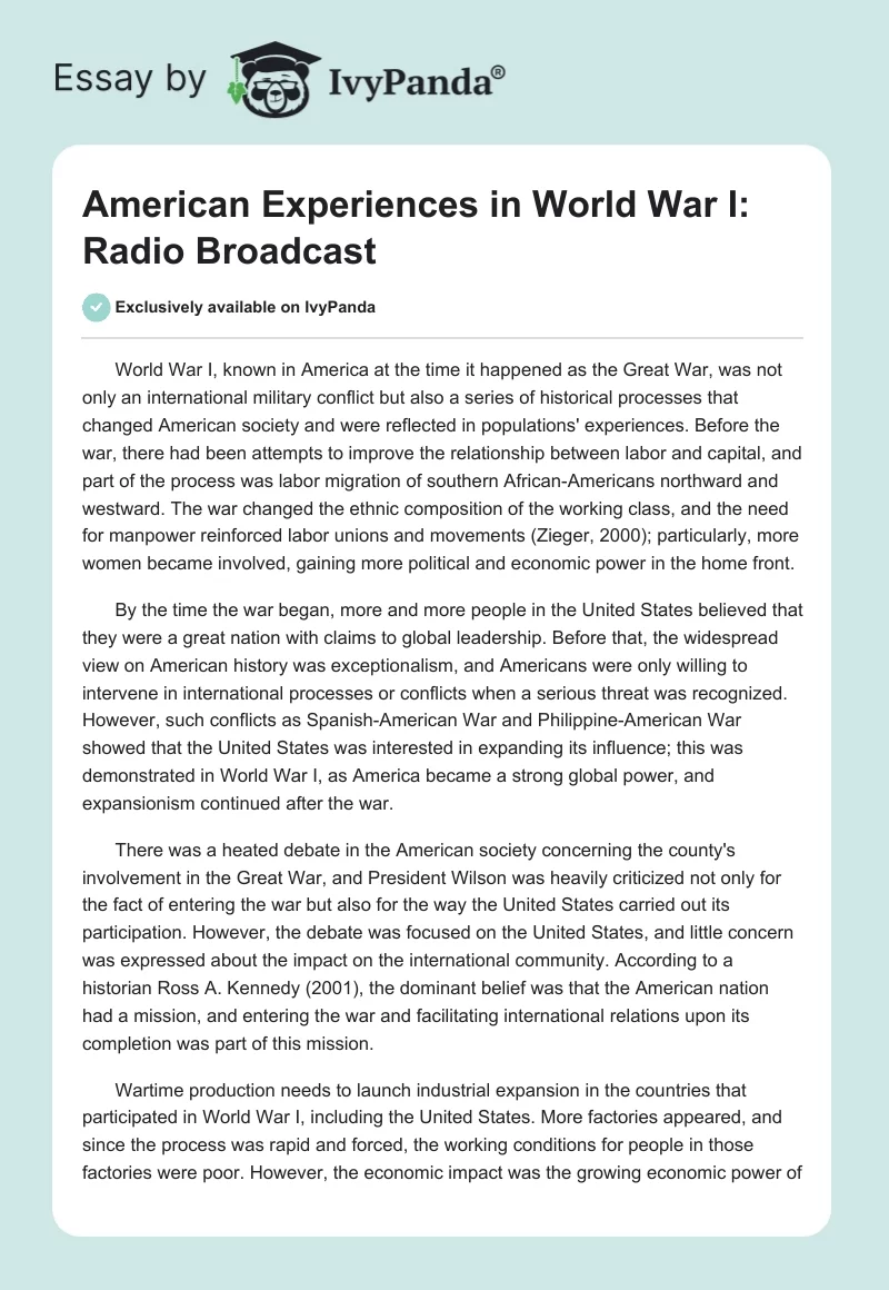 American Experiences in World War I: Radio Broadcast. Page 1