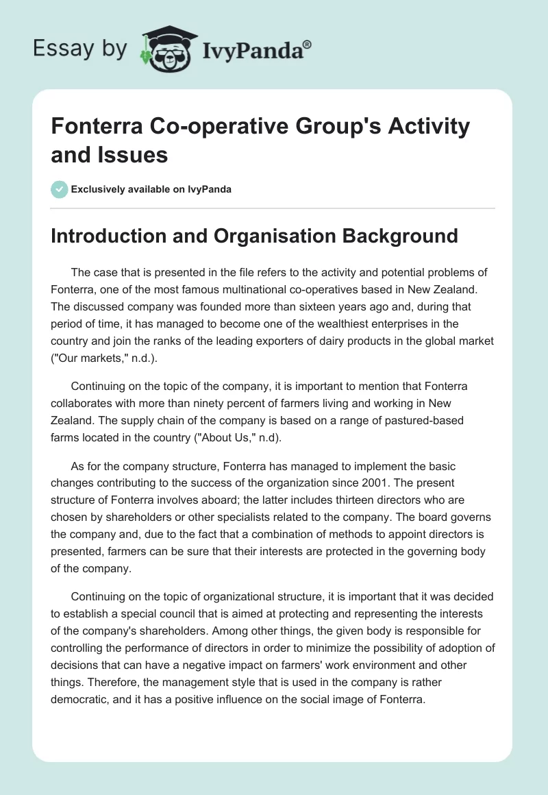 Fonterra Co-operative Group's Activity and Issues. Page 1