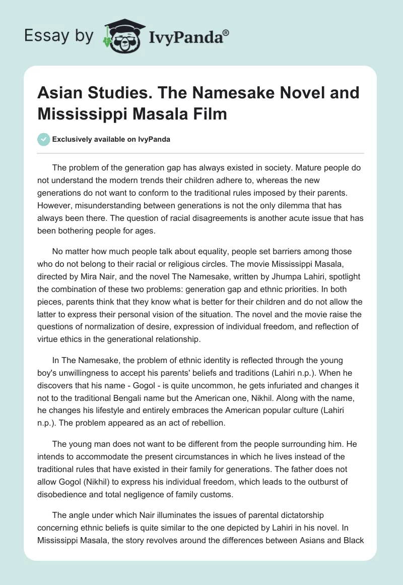Asian Studies. "The Namesake" Novel and "Mississippi Masala" Film. Page 1