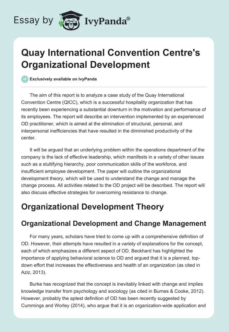 Quay International Convention Centre's Organizational Development. Page 1