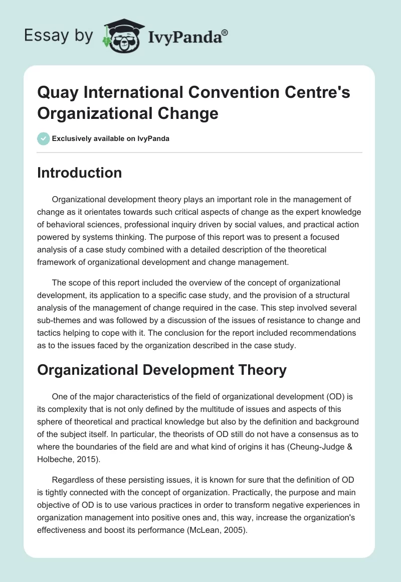 Quay International Convention Centre's Organizational Change. Page 1