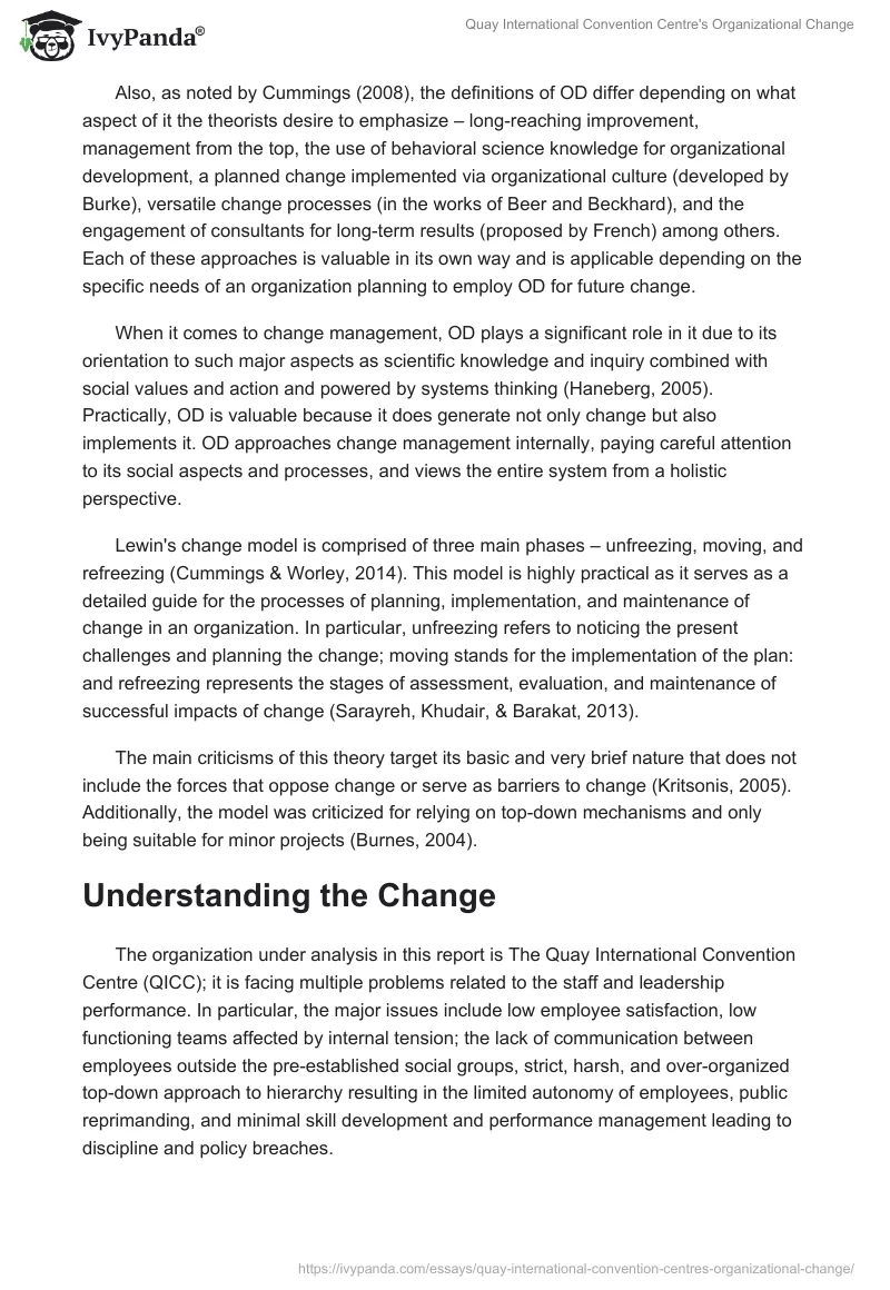 Quay International Convention Centre's Organizational Change. Page 2