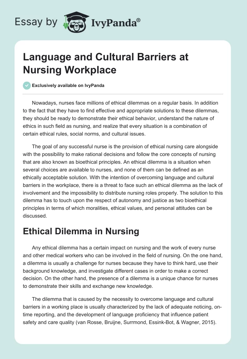 Language and Cultural Barriers at Nursing Workplace. Page 1