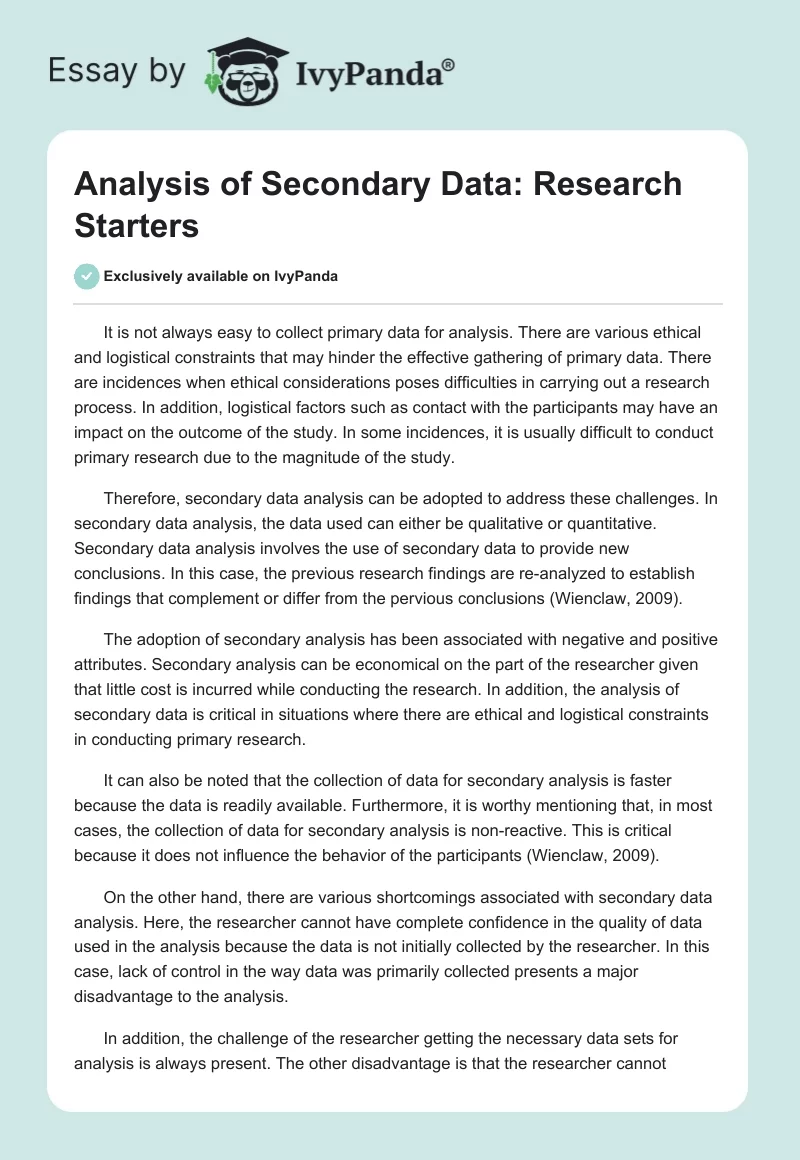 Analysis of Secondary Data: Research Starters. Page 1