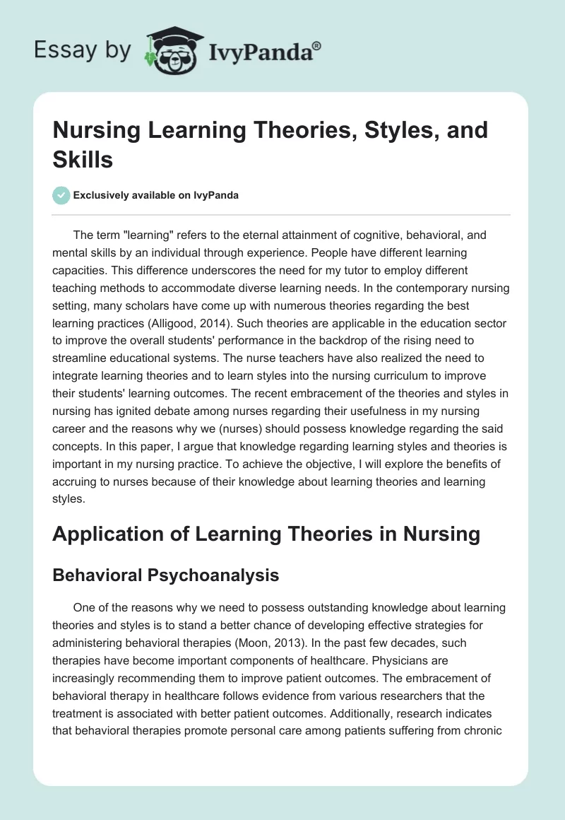 Nursing Learning Theories, Styles, and Skills. Page 1