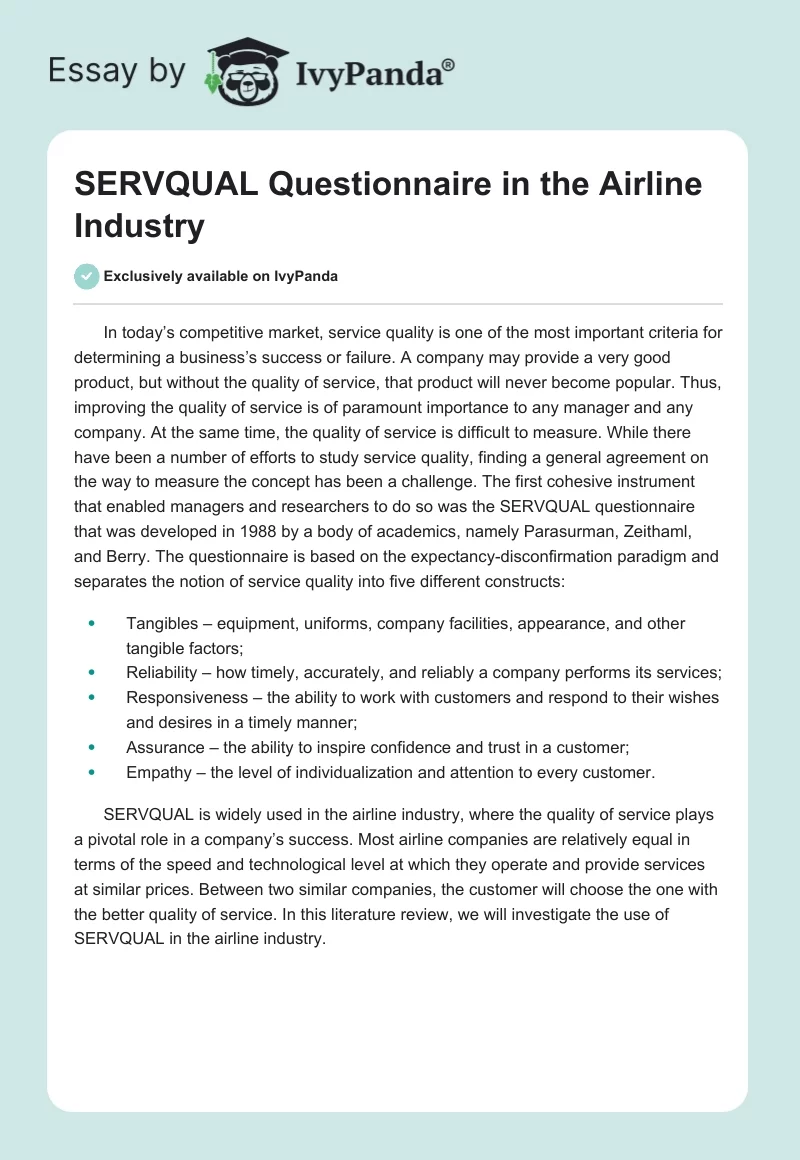 SERVQUAL Questionnaire in the Airline Industry. Page 1