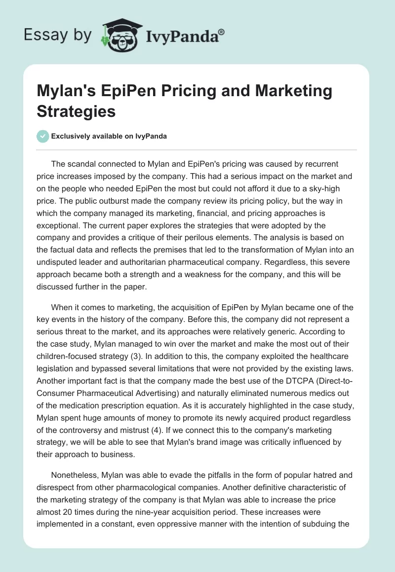 Mylan's EpiPen Pricing and Marketing Strategies. Page 1