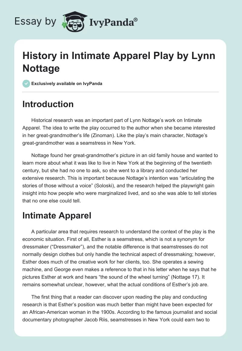 History in "Intimate Apparel" Play by Lynn Nottage. Page 1