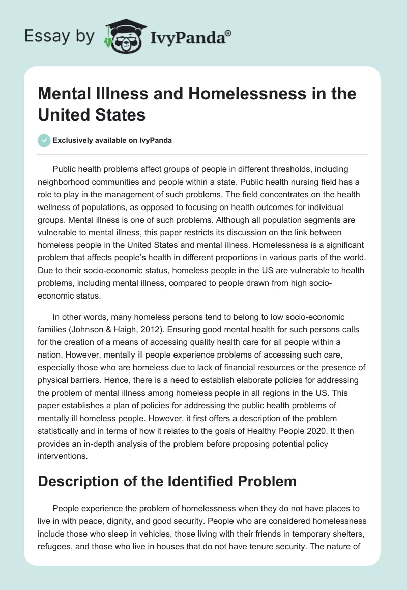 Mental Illness and Homelessness in the United States. Page 1