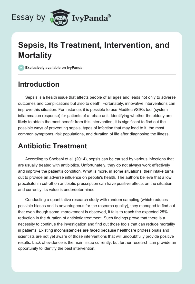 Sepsis, Its Treatment, Intervention, and Mortality. Page 1