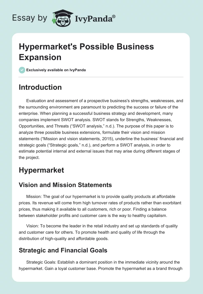 Hypermarket's Possible Business Expansion. Page 1