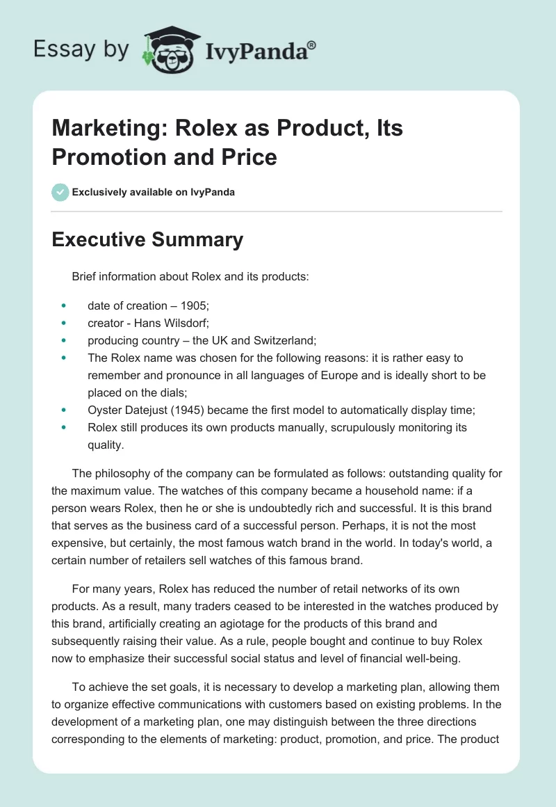 Marketing: Rolex as Product, Its Promotion and Price. Page 1