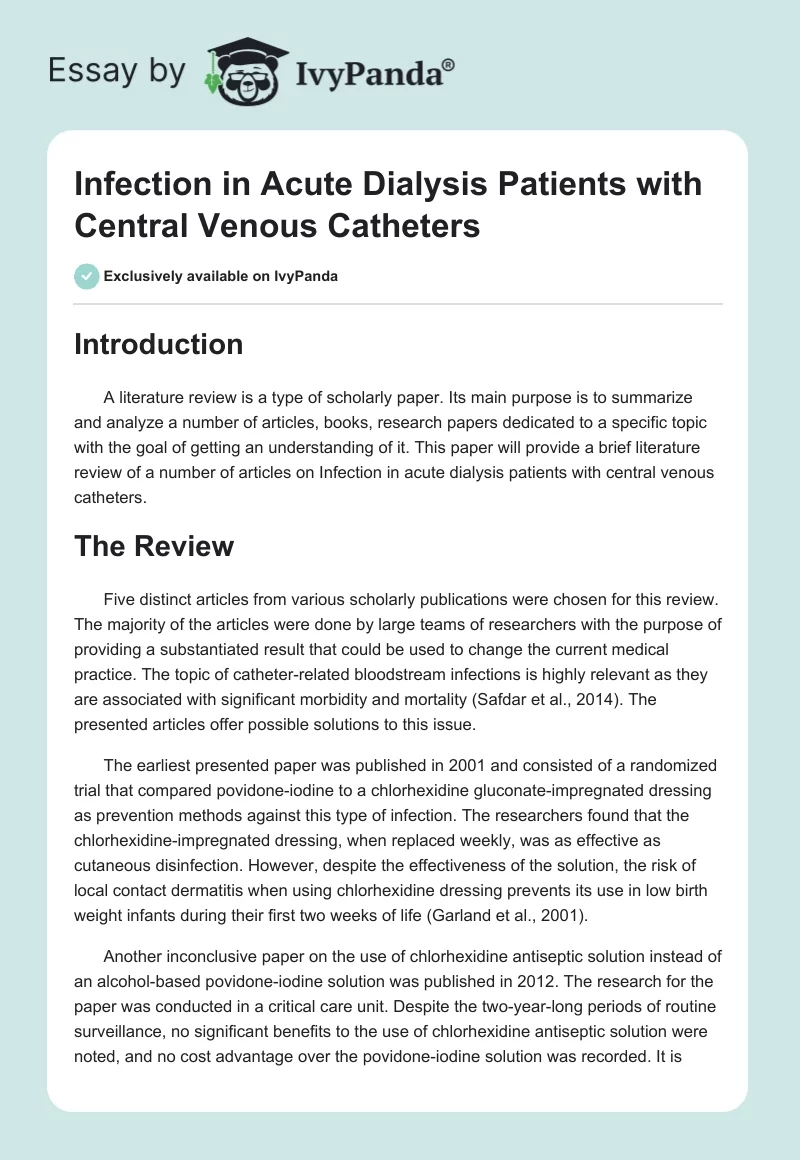 Infection in Acute Dialysis Patients with Central Venous Catheters. Page 1