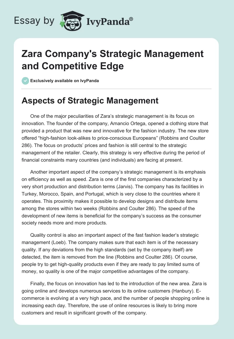 Zara Company's Strategic Management and Competitive Edge. Page 1