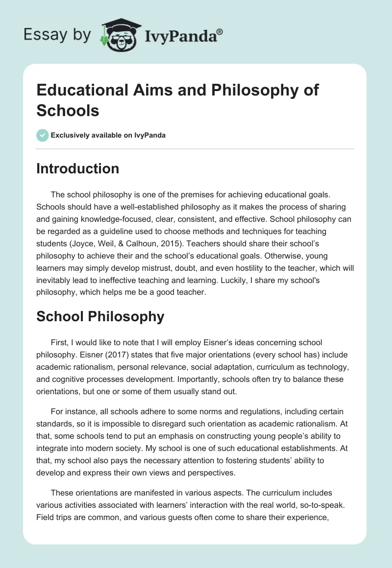 Educational Aims and Philosophy of Schools. Page 1