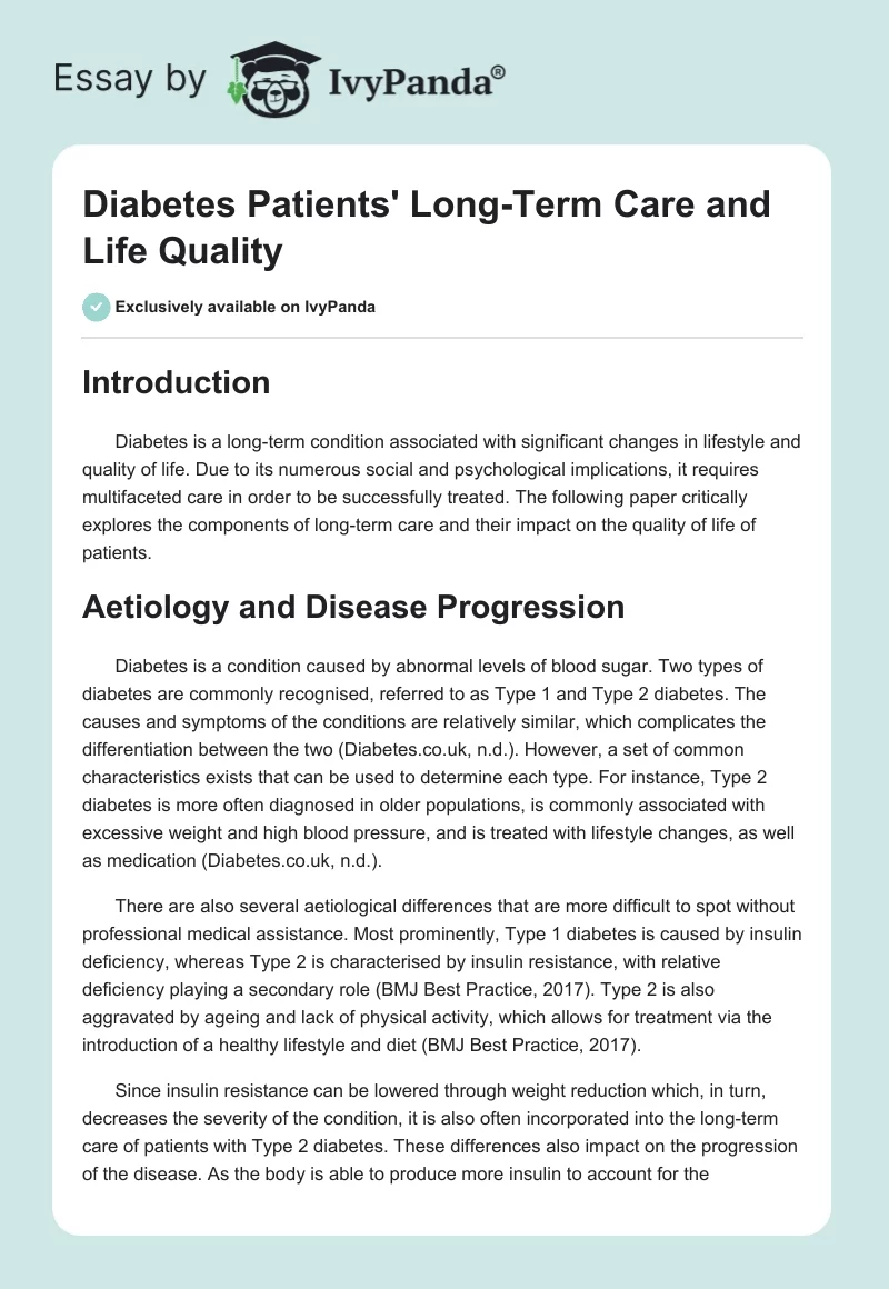 Diabetes Patients' Long-Term Care and Life Quality. Page 1
