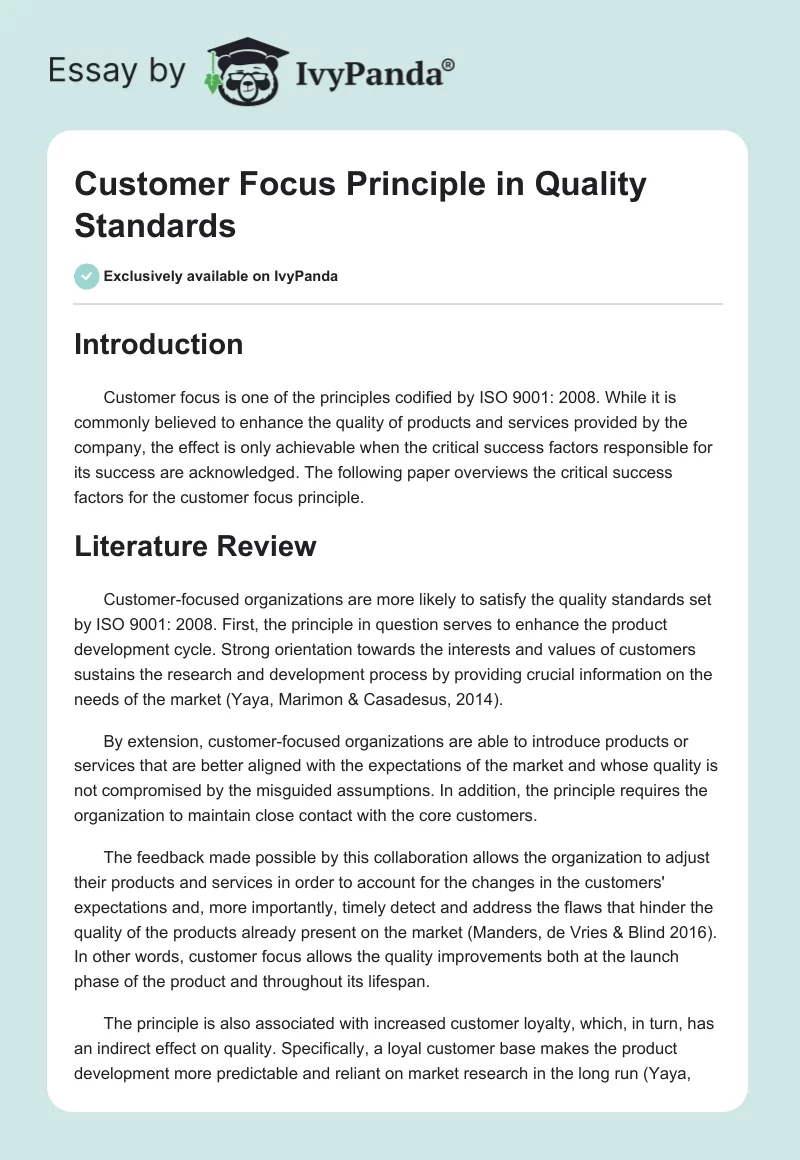 Customer Focus Principle in Quality Standards. Page 1